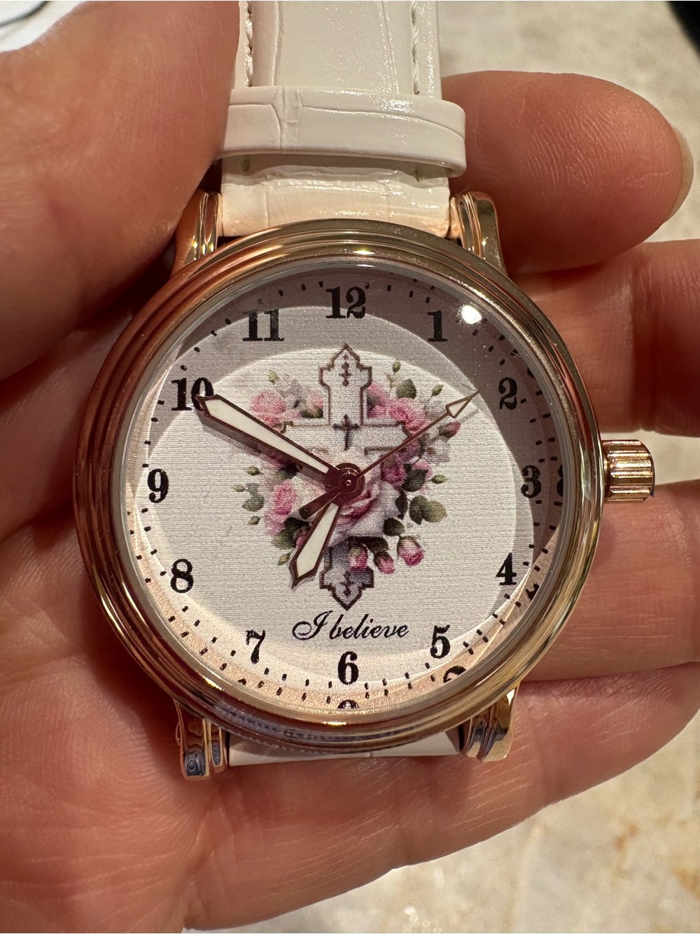 White Floral Cross Women's Watch